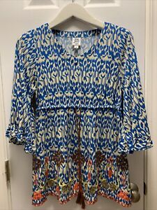 Ivy Jane Womens Blue Embroidered Baby Doll Top Blouse Floral Bird