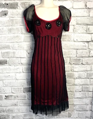 Maggie Walt Babydoll Dress S Red Black 100% Silk Beaded Sheer Whimsigoth Witchy - Image 1 of 4