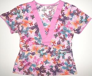 UNBRANDED WOMEN'S NURSES UNIFORM SCRUB TOP COLORFUL BUTTERFLIES PRINT SIZE SMALL