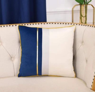 Luxury Navy Blue Leather Striped Velvet Cushion Cover 26x26" Modern Square Decor - Image 1 of 4