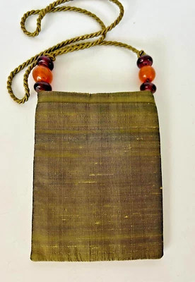 Bag crossbody/club olive green silk six large beads corded strap long or short - Image 1 of 4