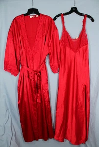Y2K VTG VICTORIA'S SECRET Gold Tag RED SATIN Lounge ROBE/NIGHTGOWN SET w/BELT S - Picture 1 of 8