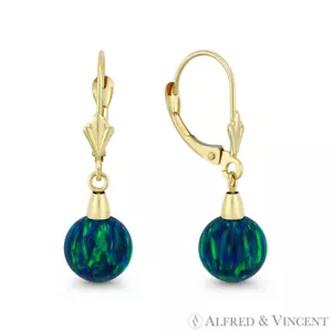Peacock Lab-Created Opal Ball Leverback Drop Dangle Earrings in 14k Yellow Gold - Picture 1 of 7