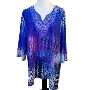 Catherines Damen Tunika Top Größe 2X Blau Lila Batik Glitzer Boho Shirt 22W/24W - Bild 1 von 21