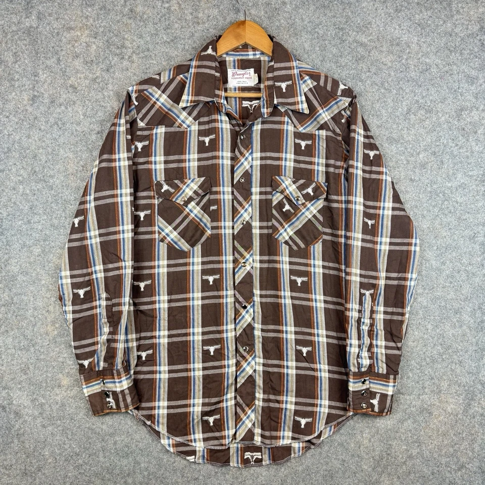 VTG Wrangler Shirt Mens 16.5 Permanent Press Long Tails Bull AOP Pearl Snap 70s - Image 1 of 4