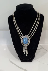 Vintage Strass Halskette Art Deco Statement Blau Kristall Mehrsträngig Braut - Bild 1 von 6