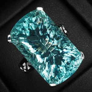 Pristine Sky Blue Aquamarine Concave 20.30Ct 925 Sterling Silver Handmade Rings - Picture 1 of 9
