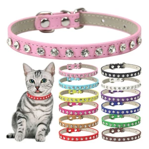 Cat Collar Bling Rhinestone Crystal Diamond Cat Puppy Suede Leather Pet Collars - Picture 1 of 31