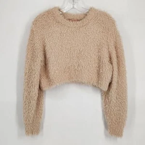 Urban Outfitters Damen kleines Kunstfell flauschiges Langarm bauchfreies Oberteil Oversize hellbraun - Bild 1 von 6