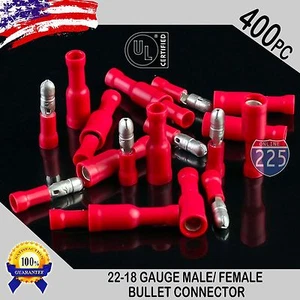 Paquete de 400 conectores de bala rojos macho y hembra 22-18 AWG vinilo aislado .156" UL - Imagen 1 de 1