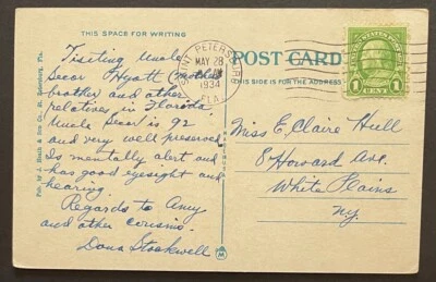 Saint Petersburg, Florida Post Card mailed May 28, 1934 to White Plains, NY - FL - Image 1 of 2