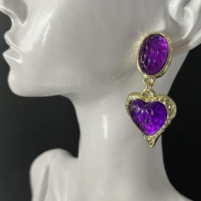 Purple Heart Gold Tone Pierced Poured Resin Dangle Earrings - Image 1 of 4