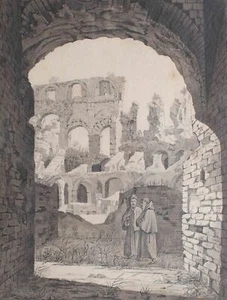 Ruinenlandschaft Mönche Deutschrömer Lederer Neapel laviert Bleistift 1826 - Picture 1 of 5