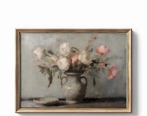 Rustic Flowers in Vase Painting Farmhouse Decor Vintage Cottage Antique Wall Art - Picture 1 of 4