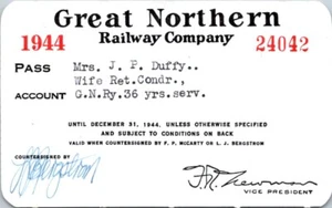 1944 Great Northern Railway Co. Employee Spouse Railway Pass Duffy - Picture 1 of 2