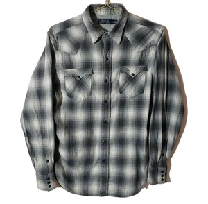 Polo Ralph Lauren uomo camicia western a scatto perla grigia a quadri misto cotone taglia M - Foto 1 di 8