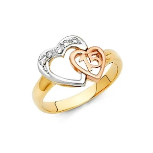 Doppel Herz 11mm 15 Años Quinceañera 14k 3 Tone Gold Ring CZ Corazón Oro Anillo - Bild 1 von 3