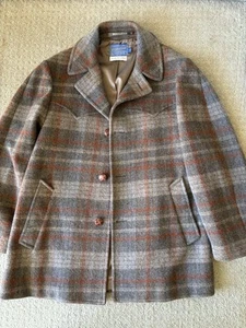 Vintage Pendleton High Grade Western Wear Plaid Wool Coat Jacket USA Leather Btn - Picture 1 of 19