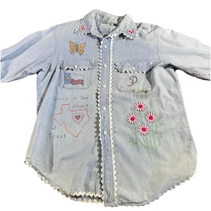 Vtg 70s JC Penny Embroidered Chambray Shirt Texas Yellow Rose Butterfly Flower - Picture 1 of 6