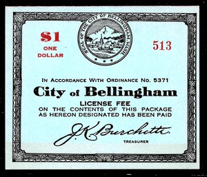 HICK GIRL-OLD MINT U.S. CITY OF BELLINGHAM, WA. $1.00 LICENSE FEE TAX A1 - Picture 1 of 2