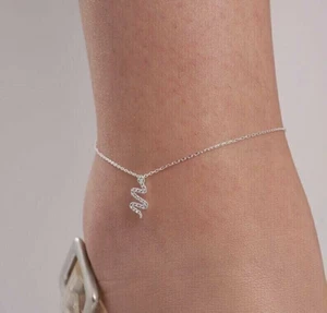 Anklet 0.20Ct Lab Created Diamonds Women Snake Charm Chain 14K White Gold Finish - Picture 1 of 2