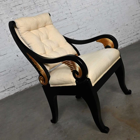 Late 20th Neoclassic Revival Black Side Chair Gilt Wing Accents Off-White Fabric Cover