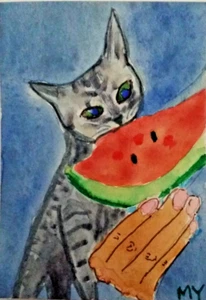 ACEO Original - Cat Eating Watermelon Watercolor 2.5 x 3.5 Signed by MY - Picture 1 of 2