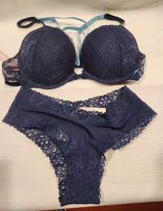 NWT VICTORIA SECRET LACE PUSH UP BRA 38 B & PANTIES M/M SET NAVY BLUE - Picture 1 of 7
