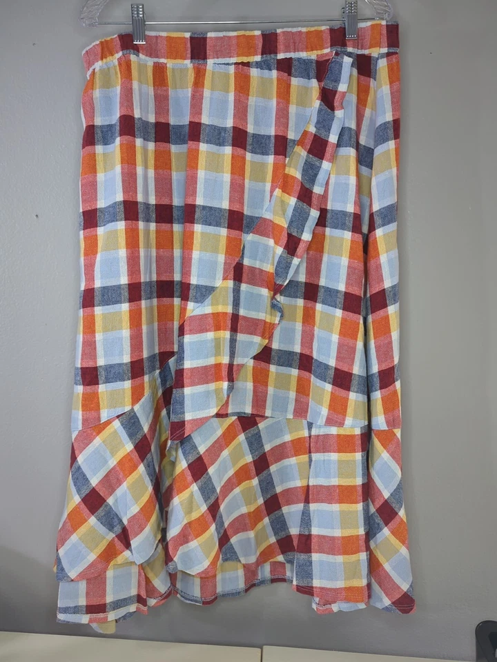 Lane Bryant Women's Plaid Ruffled Faux Wrap Linen Blend Skirt 26/28 (35x30) - Image 1 of 4