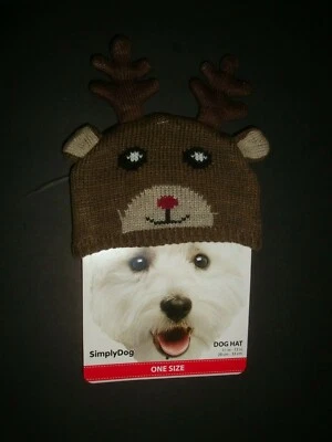 Nuevo Simply Perro Tejido Invierno Vacaciones Perro Sombrero Gorra Cuernos de Reno Marrón O/S 11-13" Foto 1 de 2