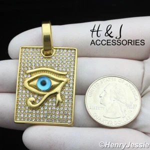 MEN Stainless Steel Gold Plated Icy Bling CZ Blue Egyptian Dog Tag Pendant*GP136 - Picture 1 of 3