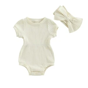 Newborn Baby Girl Clothes Summer Short Sleeve Jumpsuit Romper with Bow Headba... - Picture 1 of 6