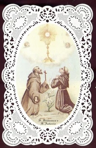 ANTIQUE LACE HOLY CARD CANIVET OF ST FRANCESCO AND ST ANTONIO - Picture 1 of 2
