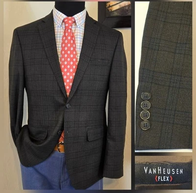 Van Heusen Flex Plaid Blazer Men 38R Slim Brown w Blue Checks Sport Coat Jacket - Image 1 of 4