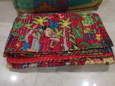 Red Farida Print Twin Cotton Kantha Quilt Throw Blanket Bedspread Indian Throw - Image 1 of 4