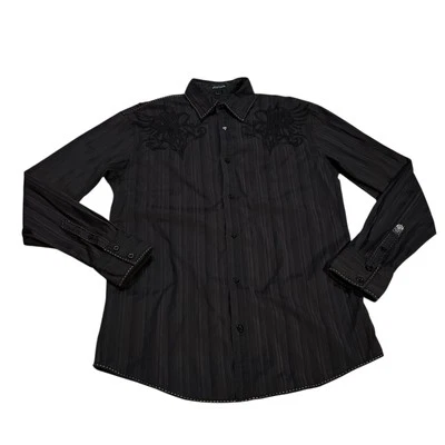 Roar Shirt Men 2XL Black Embroidered Striped Long Sleeve Button Up Y2K Lavish - Image 1 of 4