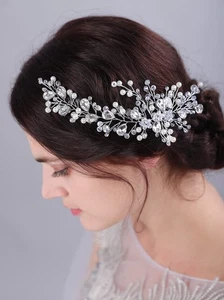 Silver Flower Bride Wedding Hair Vine, Crystal Pearl Rhinestone Headband, Girl - Picture 1 of 6