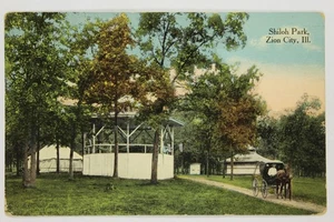 Cartolina d'epoca Shiloh Park Zion City IL Illinois gazebo carrozza cavalli - Foto 1 di 2