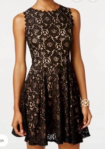 City Studio Juniors Black Cream Lace Crochet Sleeveless Skater Mini Dress Sz 1 - Picture 1 of 15