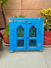 Antique Old 20.5 x 20” Wood Carved Iron Grill Blue Rare House Window Door Rare