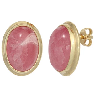 JOBO Stud Oval 585 Gold Yellow Gold 2 Rhodochrosite Pink Earrings - Picture 1 of 1