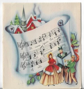 Tarjeta de Navidad de colección 5x5,5 villancicos notas musicales villancicos casa roja e iglesia - Imagen 1 de 3