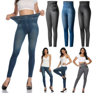 Women High Waist Faux Denim Leggings Jeggings Skinny Jeans Pencil Pants Trousers - Picture 1 of 27