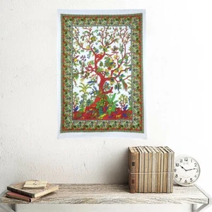 Wall Hanging Tapestry White Orange TREE OF LIFE Indian Cotton Wall Nature Poster - Picture 1 of 4