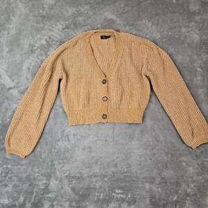 Volcom Cropped Cardigan Sweater Women's Small Chunky Knit Soft Cozy Warm Tan - Picture 1 of 11