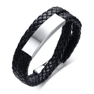 Pulsera de acero inoxidable de 38,5 cm de cuero negro de doble capa para hombre - Imagen 1 de 6