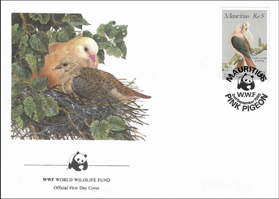 Paloma rosa Columba Mayeri adultos acicalamiento mutuo naturaleza Mauricio FDC 1985 Foto 1 de 1