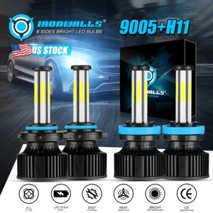 6-sided 9005 / H11 LED Headlight High Low Beam Bulbs Kit 6500K White Bright Lamp - Picture 1 of 15