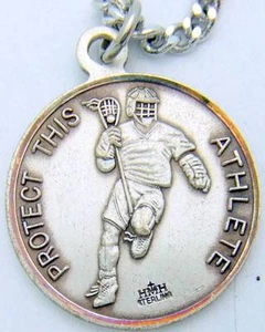 MRT Saint St Sebastian Mens Medal Lacrosse Sterling Silver w Chain Boxed 3/4" - Picture 1 of 1