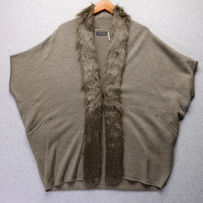 Cardigã Love Token Feminino L Marrom Acabamento de Pele Sintética Frente Aberta Poncho Suéter Quente - Imagem 1 de 4